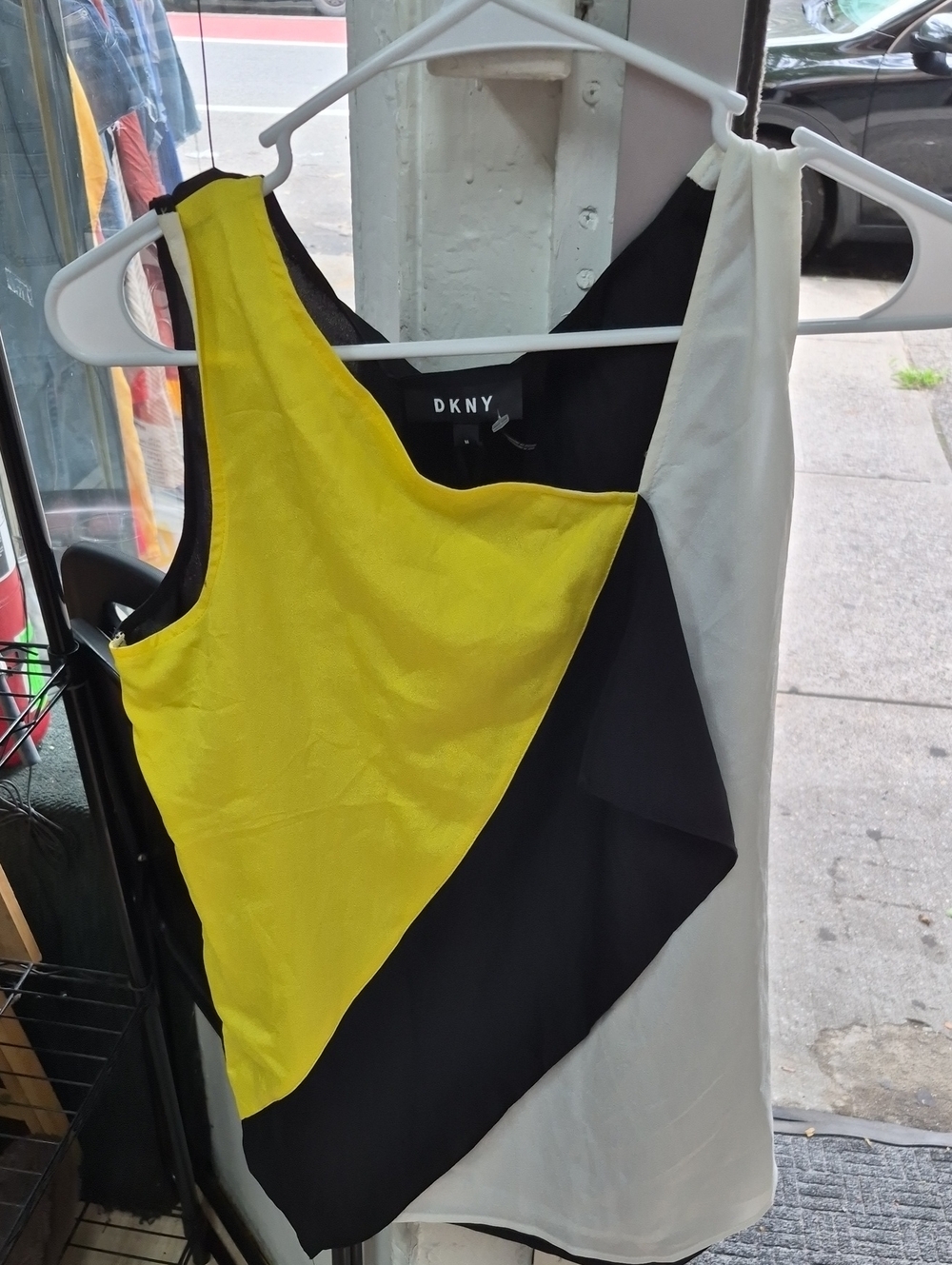DKNY One-Shoulder Colorblock Dress in Yellow, Black & White